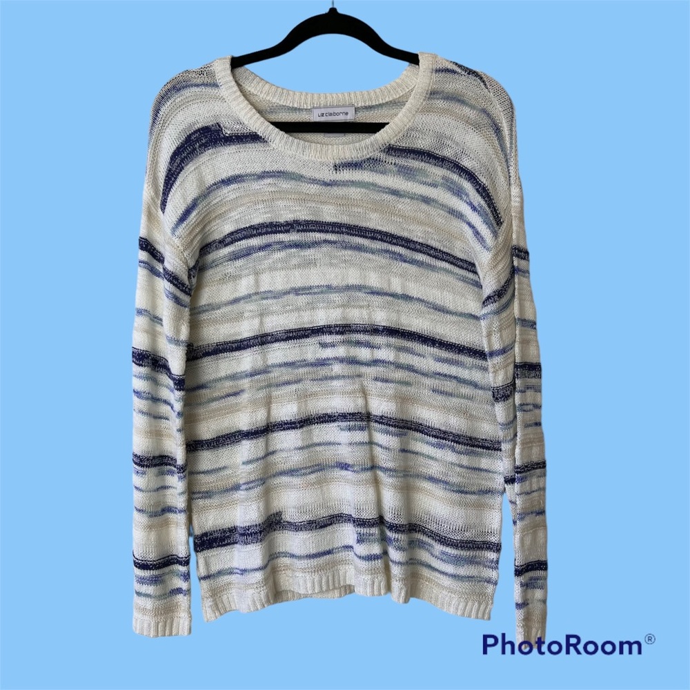 Liz Claiborne Spring Sweater Medium Blue White Neutral Lightweight Soft Like New